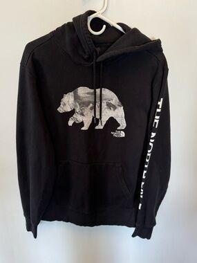 Black North Face Hoodie with Bear, Size Large